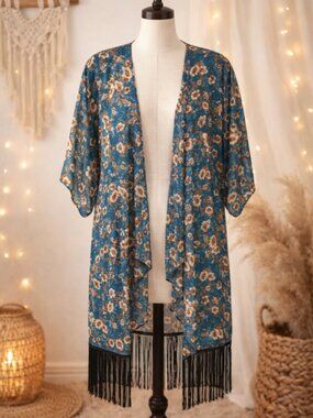 LuLaRoe Monroe Fringe Kimono S Boho Festival Resortcore Semi-Sheer Teal Floral